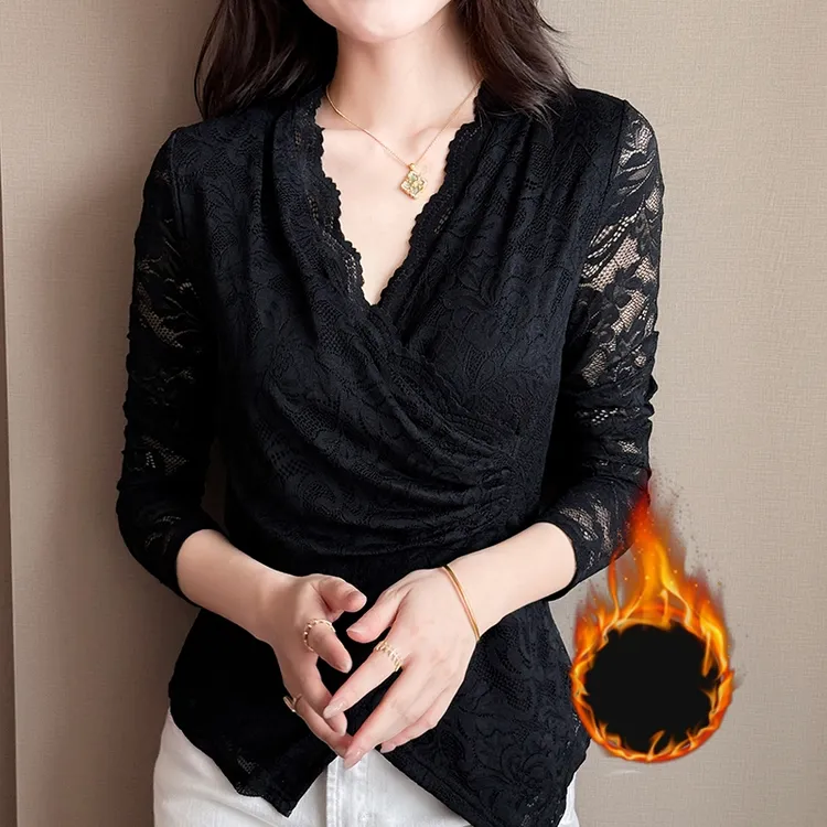 2025年秋冬新款加绒V领蕾丝打底衫遮肚显瘦蕾丝衫纯色百搭长袖T恤