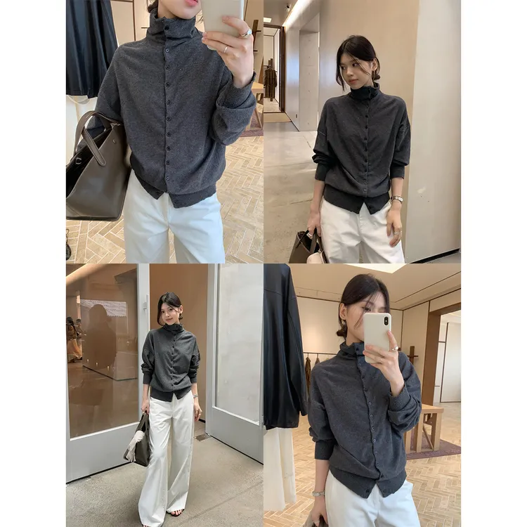 Miss sumeyY3934自制秋季薄款单排扣毛针织衫气质半高领针织毛衣