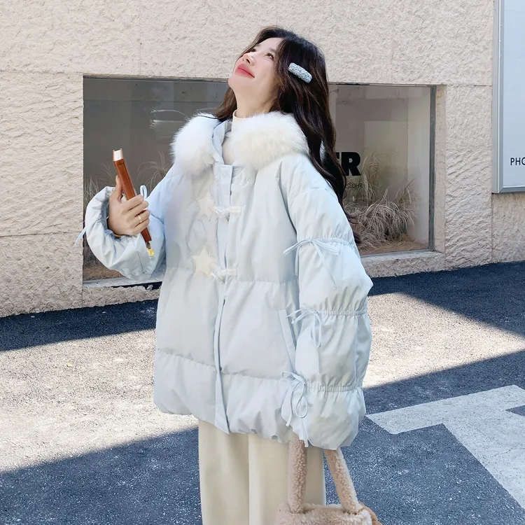 浅蓝色甜美减龄羽绒服女2025年冬季韩系大毛领超好看90白鸭绒外套