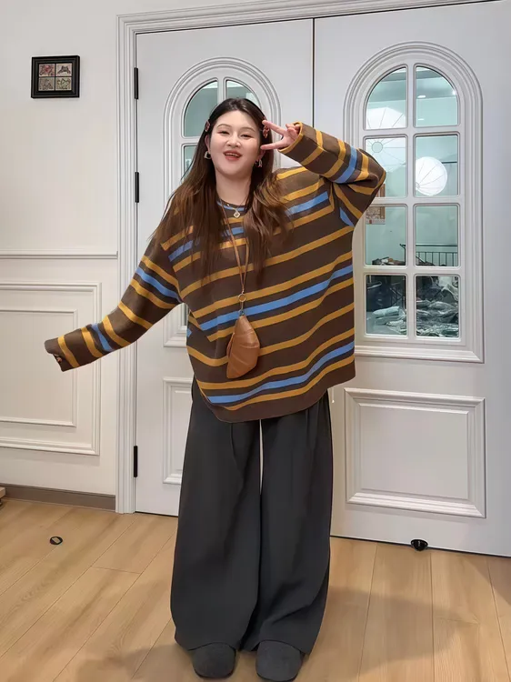 美系复古撞色条纹长袖加厚女秋冬新款宽松慵懒风圆领打底T恤上衣