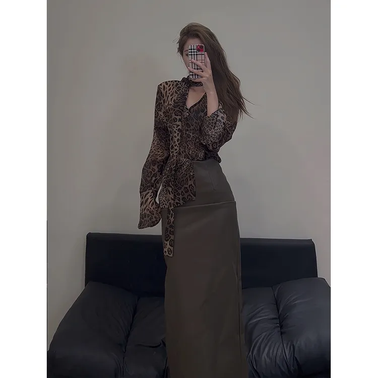 2025秋季新款时尚御姐轻熟风气质高级感豹纹衬衫女时尚高腰半身裙