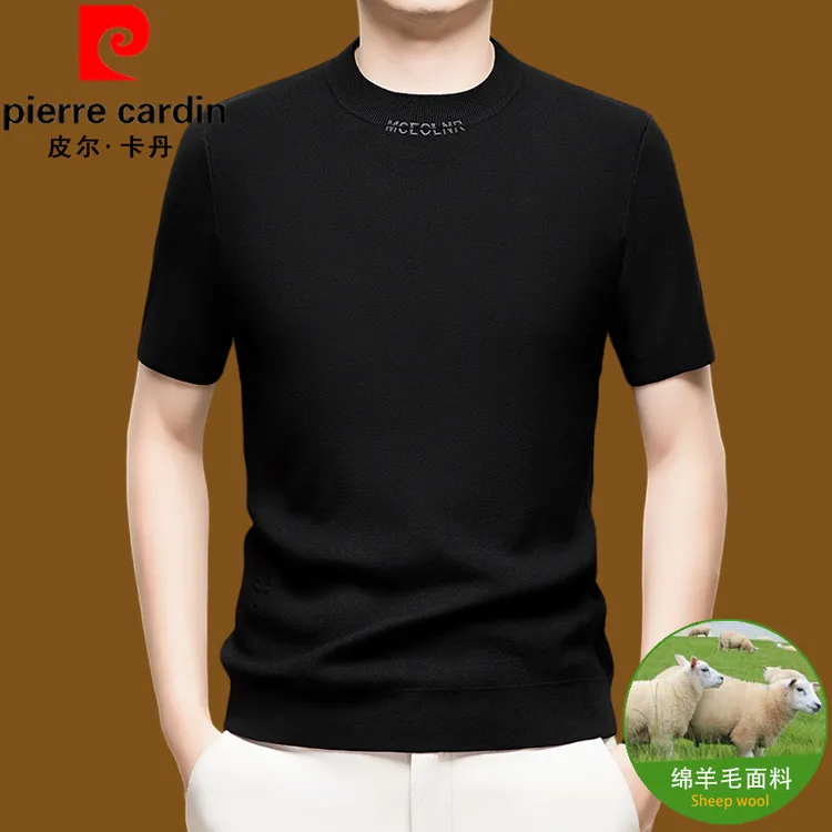 皮尔卡丹100%羊毛男士高档短袖T恤秋冬季圆领半袖时尚百搭羊毛衫