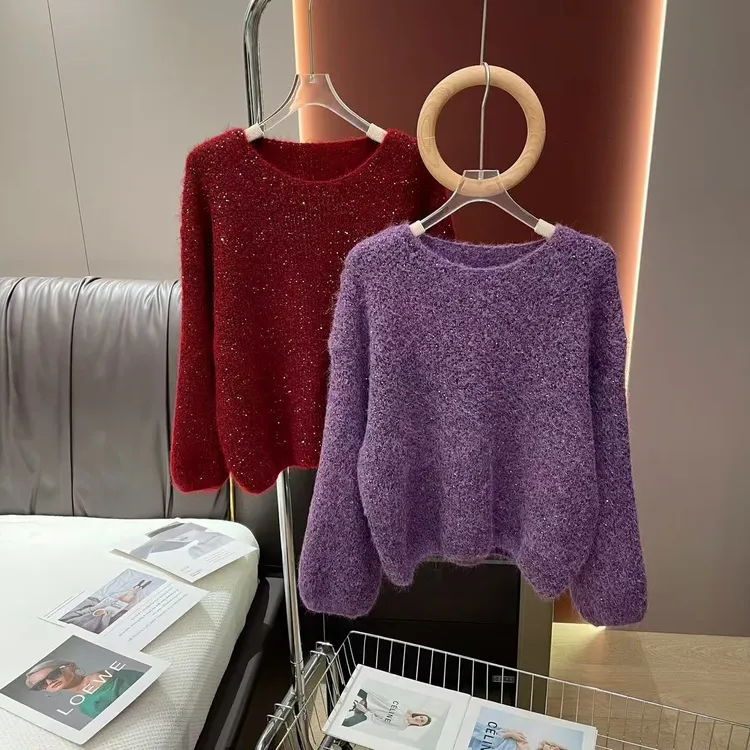 氛围感穿搭重工亮片拉绒毛衣女 高级感别致好看针织衫上衣
