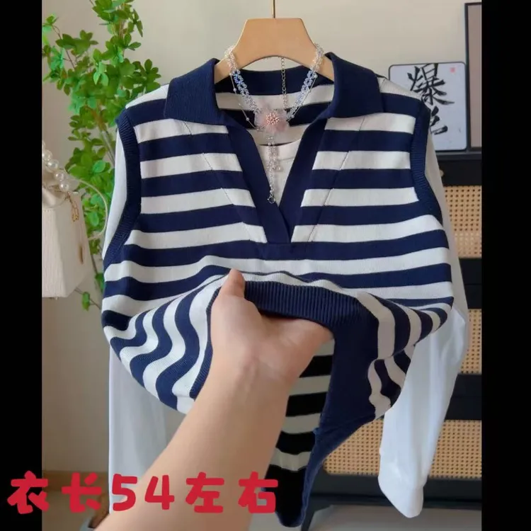 2648假两件条纹拼接针织衫秋冬款长袖V领学院风时尚上衣