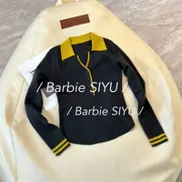 Barbie Siyu【一人行】88652秋季气质翻撞色V领纽扣时尚减龄毛衣