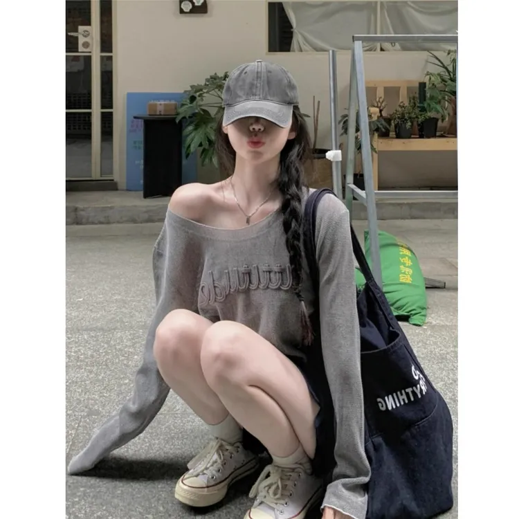 灰色斜肩长袖t恤女早秋百搭松弛感慵懒防晒罩衫韩系宽松薄纱上衣