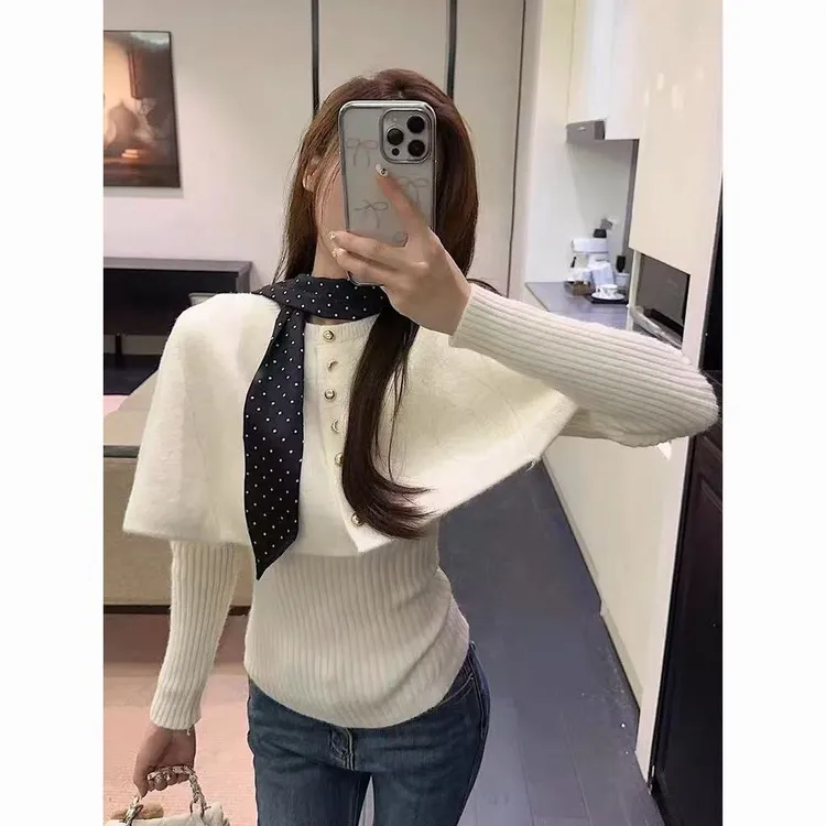 韩两件套穿搭红色斗篷针织毛衣新款高级感慵懒风套装女秋冬气质系