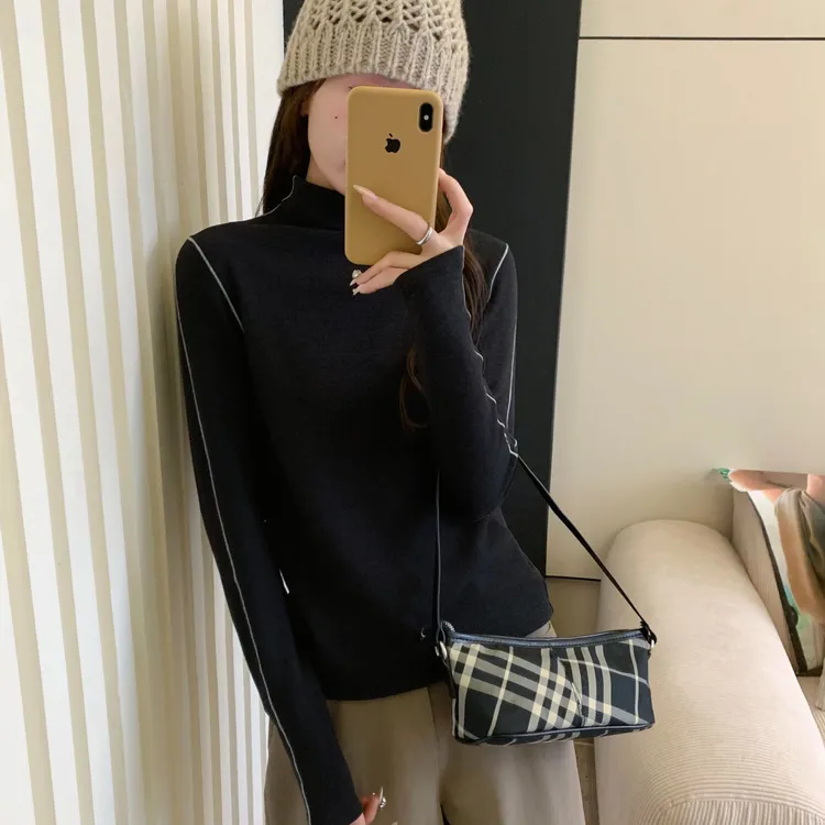 A6632-【lu思同款肌底衣】撞线半高领保暖T恤