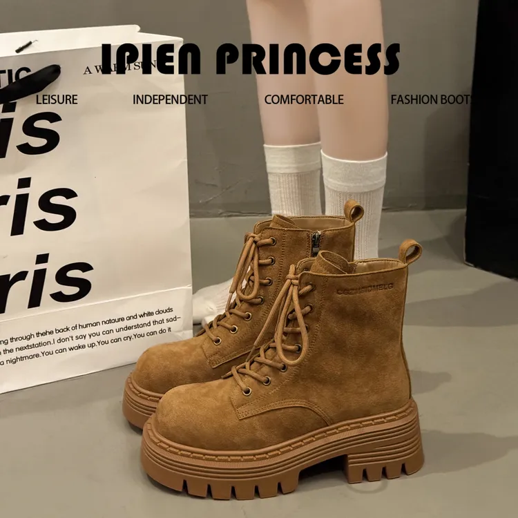 女式厚底增高6cm显瘦复古大黄靴2025秋季新款英伦风磨砂短靴女靴