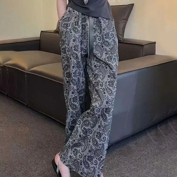 【双口袋款】夏季棉绸薄款阔腿裤显瘦印花人造棉外穿大码加长遛弯裤