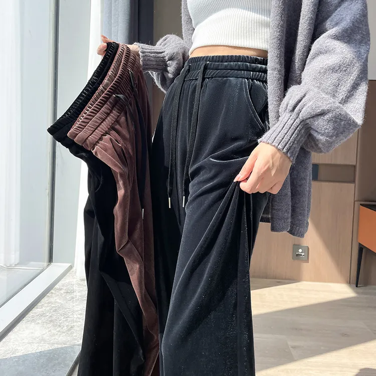 金丝绒阔腿裤女窄版垂感高腰2025春秋新款加绒黑色裤子休闲直筒裤