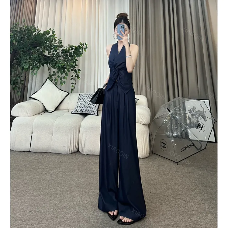 松弛挂脖短款V领上衣松紧腰衣服直筒知性风长裤套装诺夏季女装