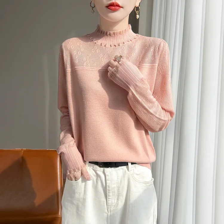 品牌时尚女装镂空拼接半高领针织气质毛针织衫宽松显瘦百搭长袖