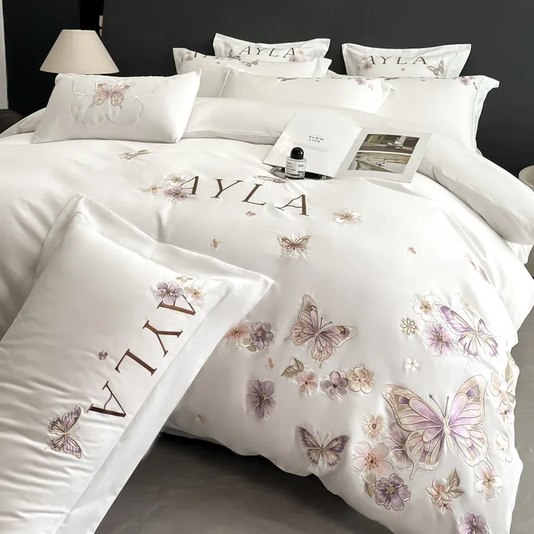2025新款亲肤舒适纯棉绣花四件套蝶语系列象牙白