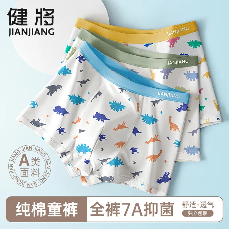健将儿童内裤男童A类纯棉青少年发育期桑蚕丝抗菌中大童四角短裤