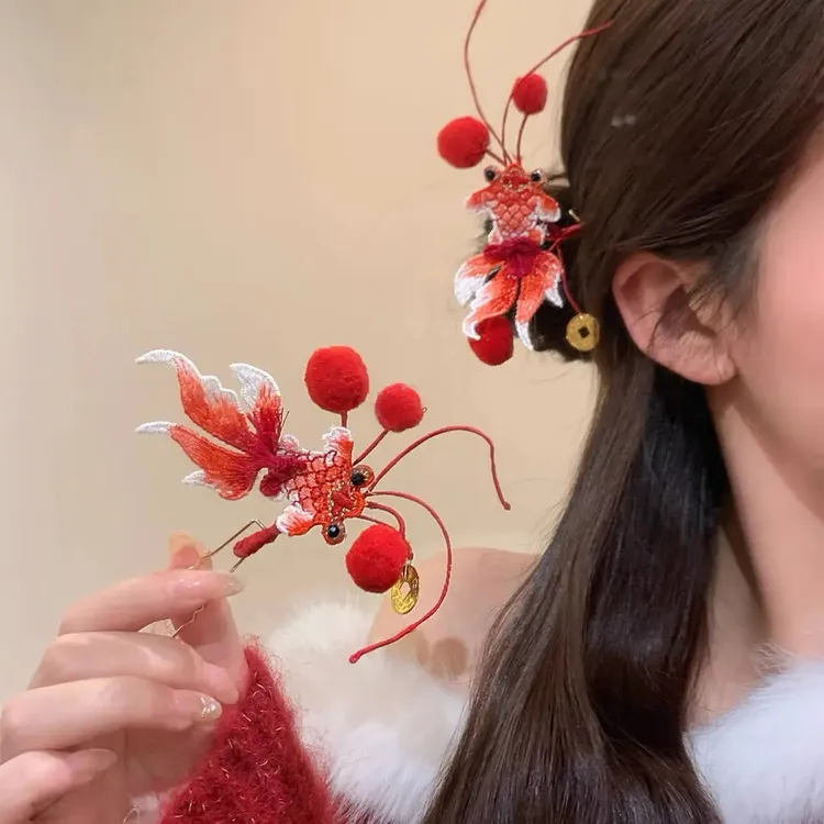 新年锦鲤发簪红色新中式国风汉服穿戴发饰喜庆发卡拍照出片神器