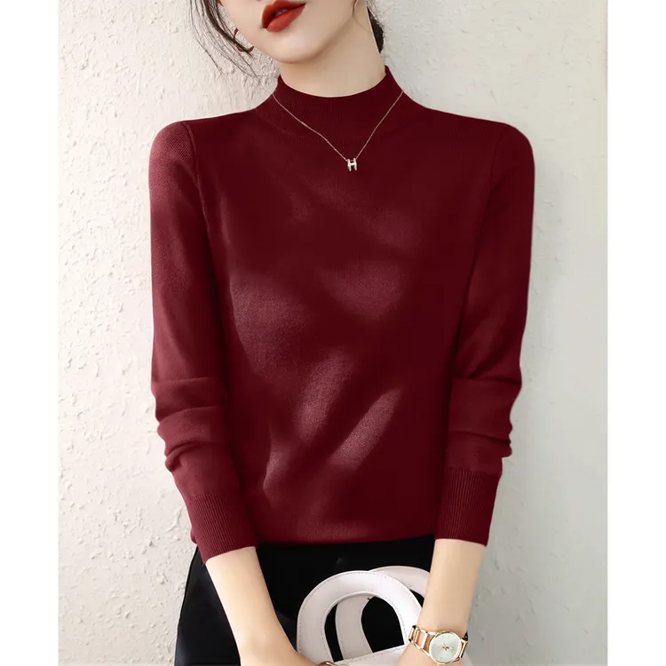 2025秋季新款酒红色宽松长袖针织衫半高领毛衣加厚款内搭打底上衣