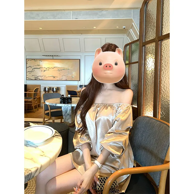 【鎏金缎】水波纹高级贵气感两穿一字肩捏褶灯笼袖连衣裙显瘦短裙女