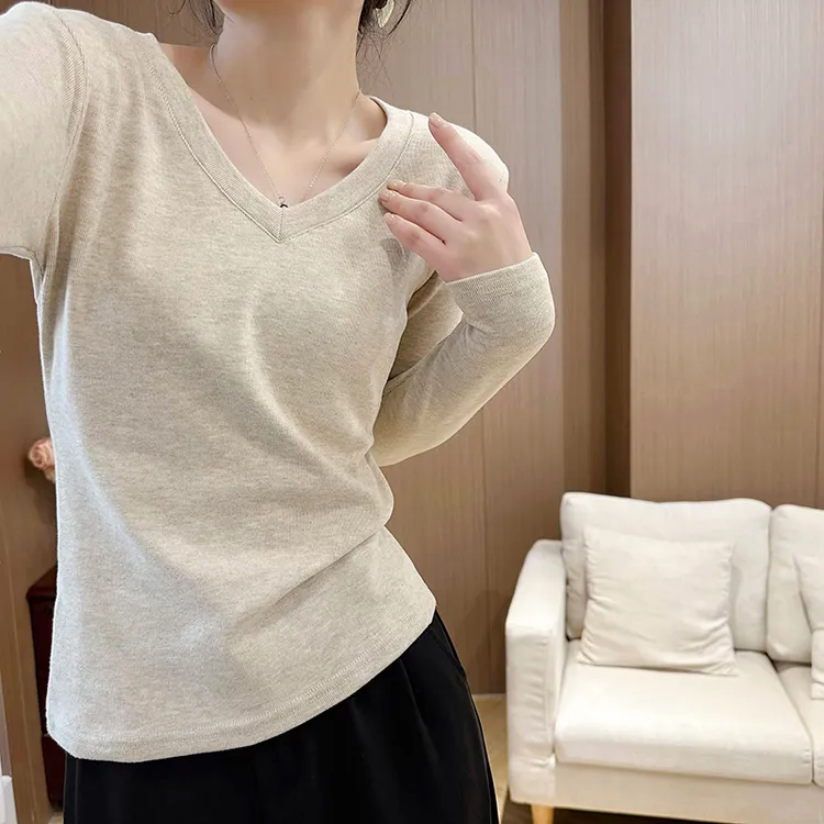 秋冬V领打底衫女长袖T恤修身显瘦上衣百搭内搭厚款纯色外穿简约