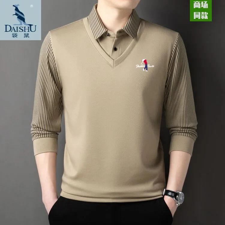 Dai Shu/袋鼠春秋宽松男士假两件polo休闲T恤衬衫领薄款印花上衣