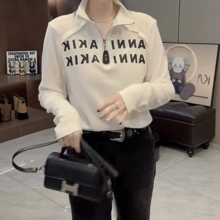 长袖立领欧美风字母印花拉链T恤INS风保暖速干极简风