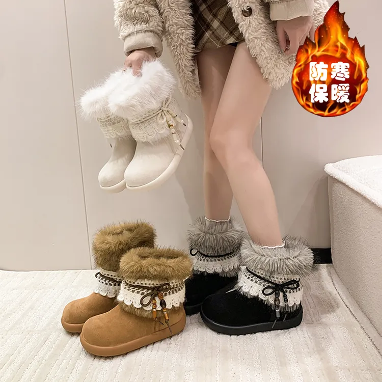 超火复古加绒加厚两穿防滑厚底雪地靴女冬季新款软底保暖勃肯短靴