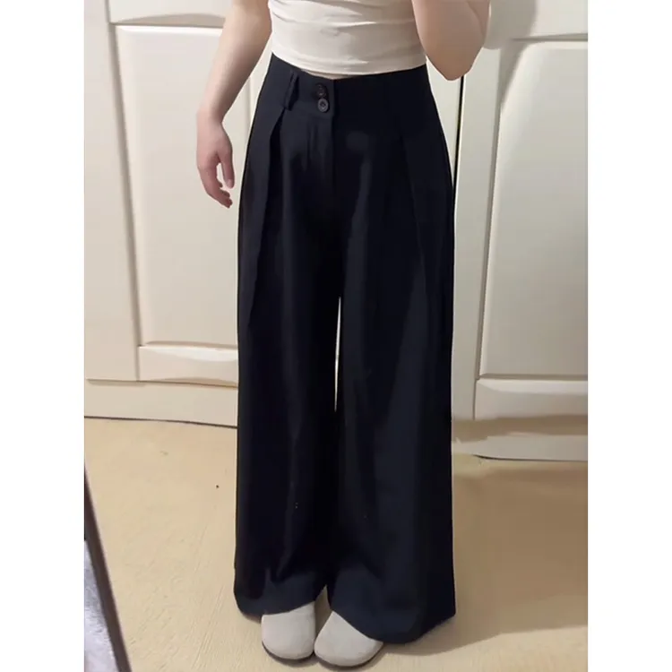 大码女装春秋季高腰直筒阔腿裤双排扣梨形身材西装裤3509