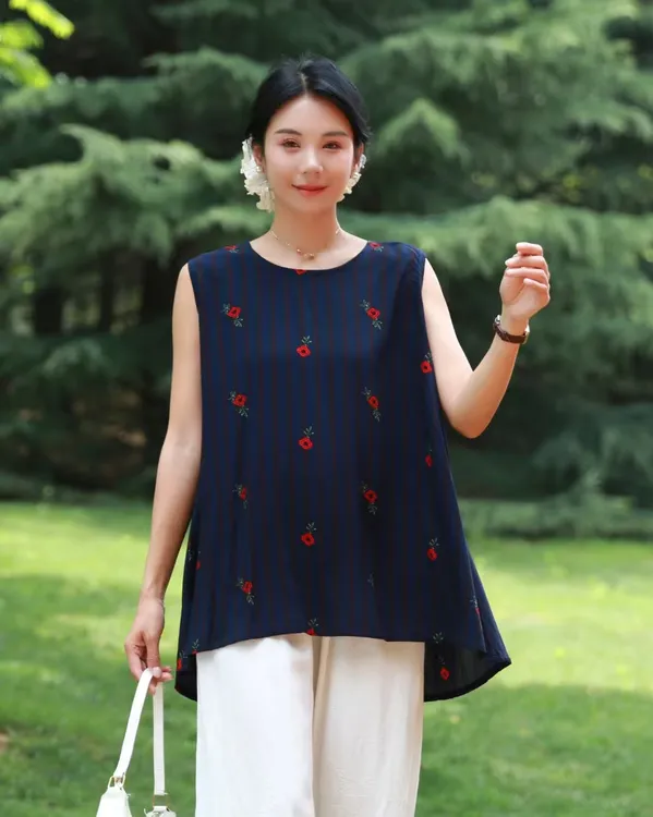 木禾家-（细纱人造棉）夏天必备圆领扣子棉绸背心