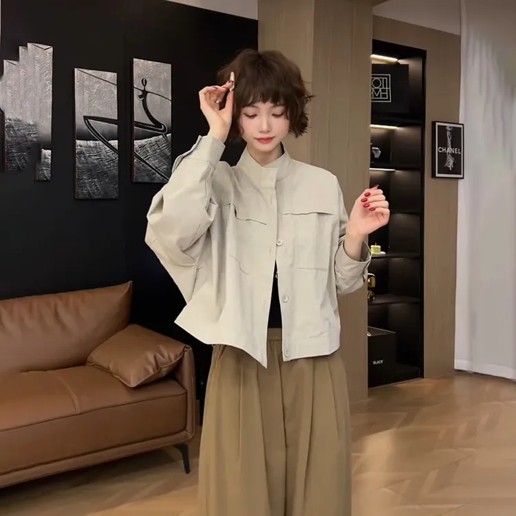 2025薄款短外套衬衫袖春季纯色休闲长袖女小个子显瘦短款立领上衣