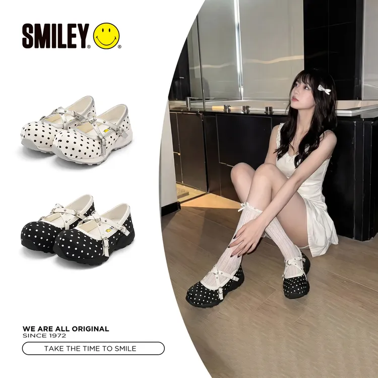 SMILEY笑脸夏季波点运动玛丽珍法式休闲防滑女芭蕾增高浅口单鞋