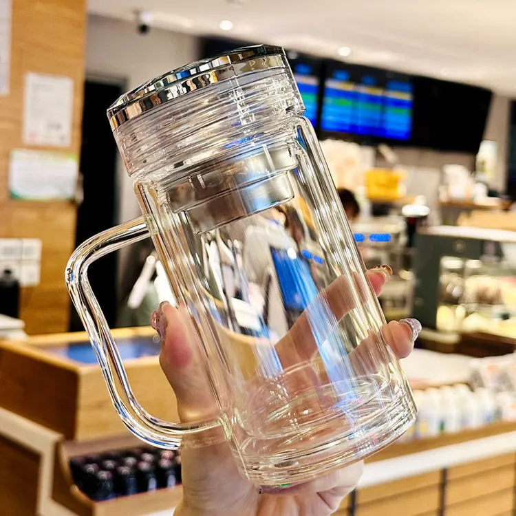 带把手玻璃杯双层高硼硅茶水分离杯大容量办公室泡茶杯商务杯简约