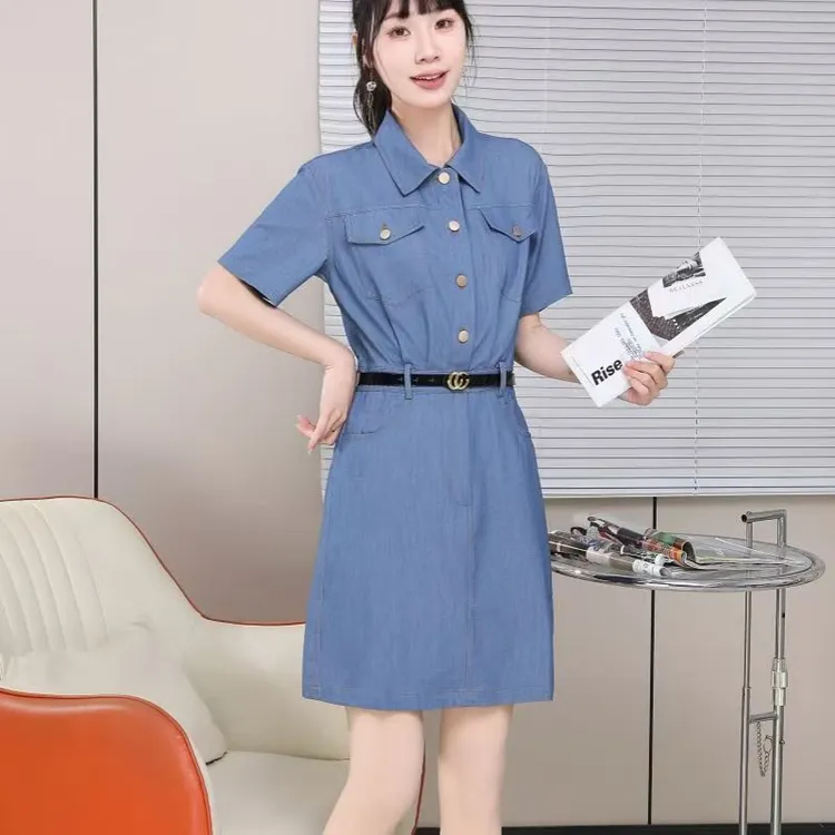 法式蓝色牛仔连衣裙夏季薄款中长款小个子休闲收腰短袖裙子