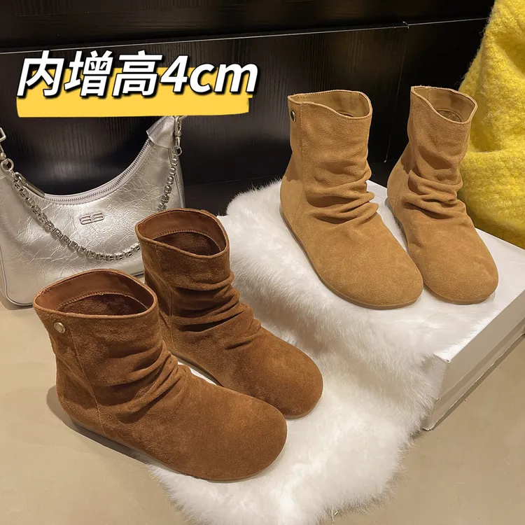 4cm内增高~2025秋季新款骑士靴女百搭复古软皮小众休闲褶皱短筒靴