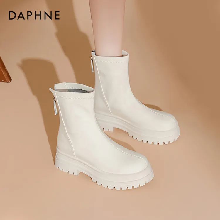 达芙妮白色短靴女2025新款热卖厚底马丁靴法式百搭加绒瘦瘦靴女靴