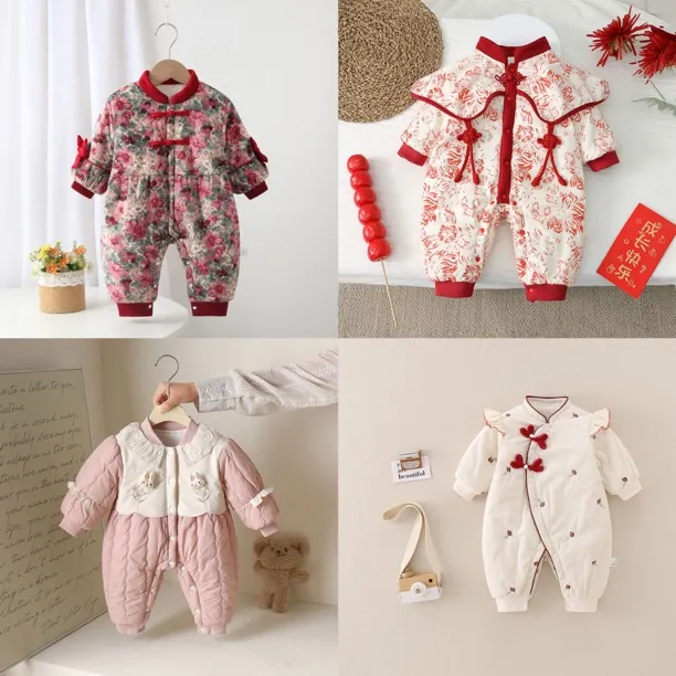 婴儿新年装加绒加厚连体衣冬装衣服宝宝百天周岁礼服红色喜庆爬服