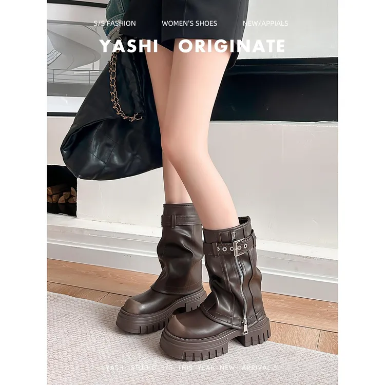 【CBMT旗舰店】CBMT~复古棕色美拉德裤管靴女高跟西部牛仔靴厚底