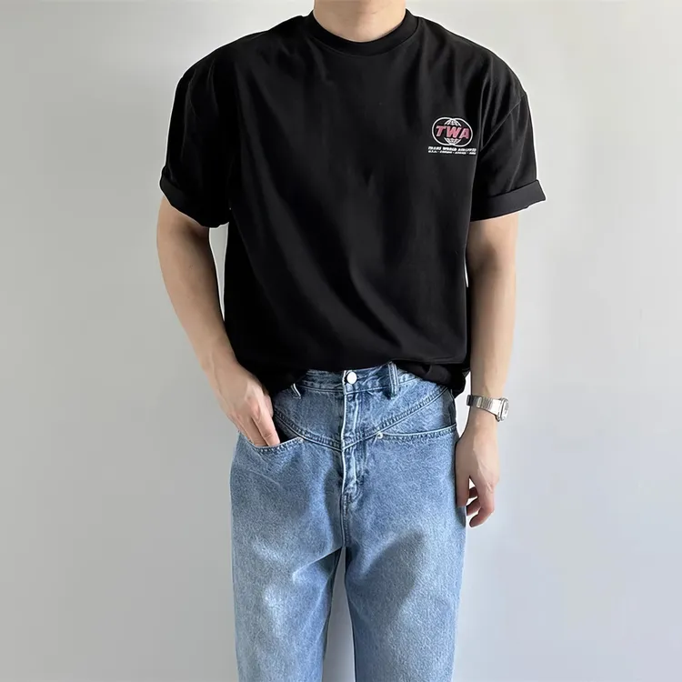 背后印花男士短袖T恤美式简约风夏休闲海报风高街复古宽松上衣t恤