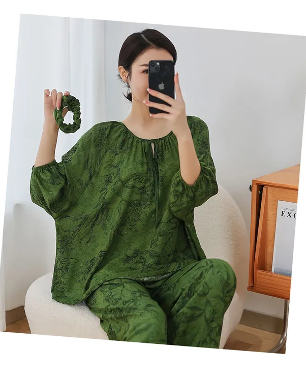 2025升级款莱赛尔睡衣女爆款棉绸春夏季家居服人造棉宽松薄款套装