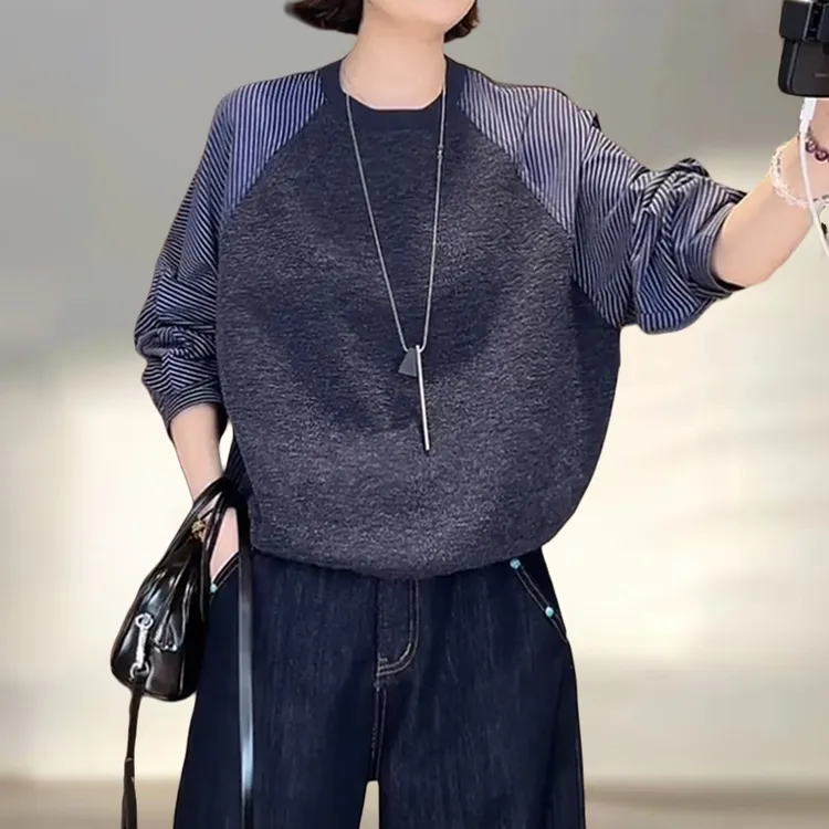 2674#韩版拼接小众设计感假两件衬衫早秋新款条纹宽松百搭上衣女