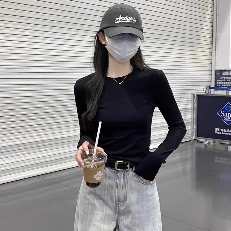 打底衫女秋冬内搭新款欧货洋气修身显瘦漫画腰圆领长袖T恤女上衣