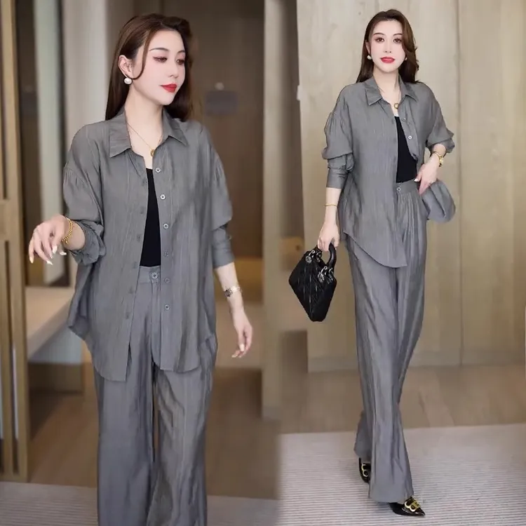 时尚套装女2025夏季新款时髦洋气宽松防晒衬衫阔腿裤气质两件套潮