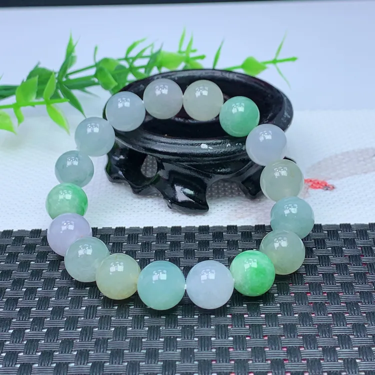 正品缅甸天然A货翡翠 圆润饱满 24冰多宝圆珠手串 尺寸 12加17颗