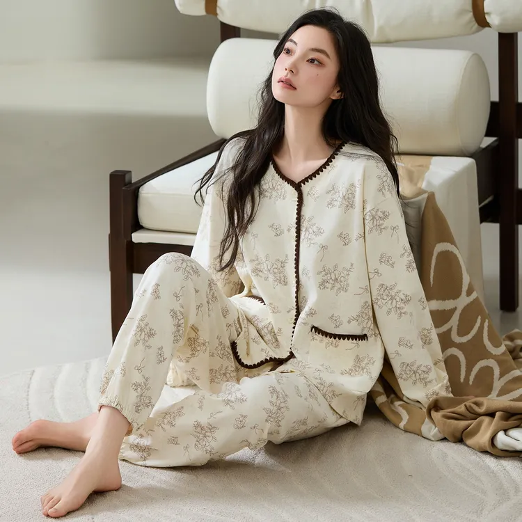 A类莱卡纯棉加肥加大码睡衣女士春秋款长袖开衫休闲高级感家居服
