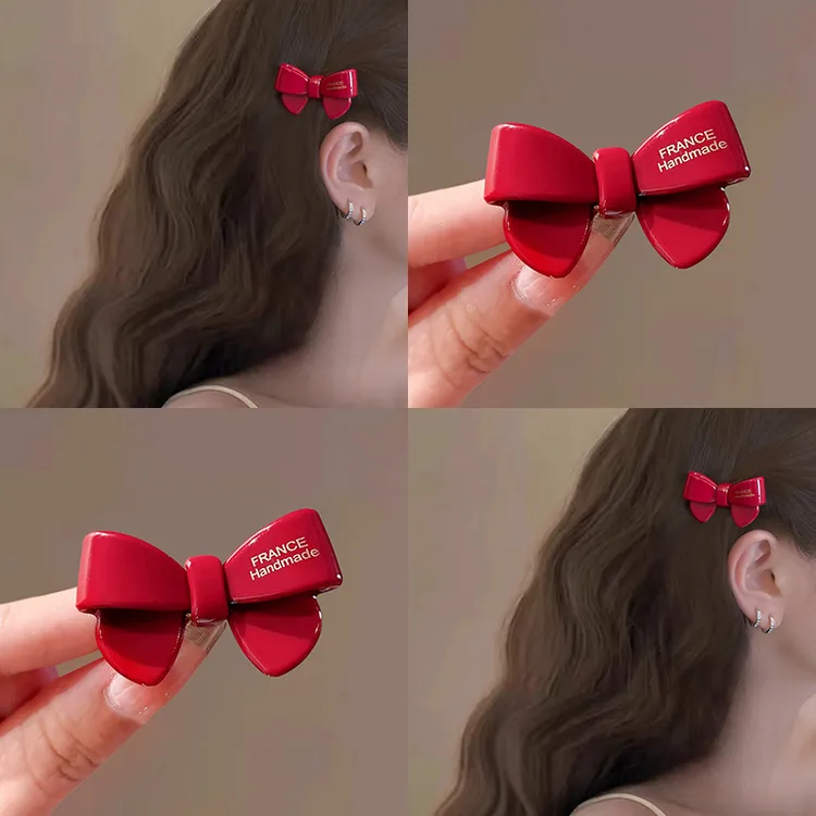 氛围感蝴蝶结复古安可拉红女款高级感鸭嘴夹边夹女2025年新款发卡
