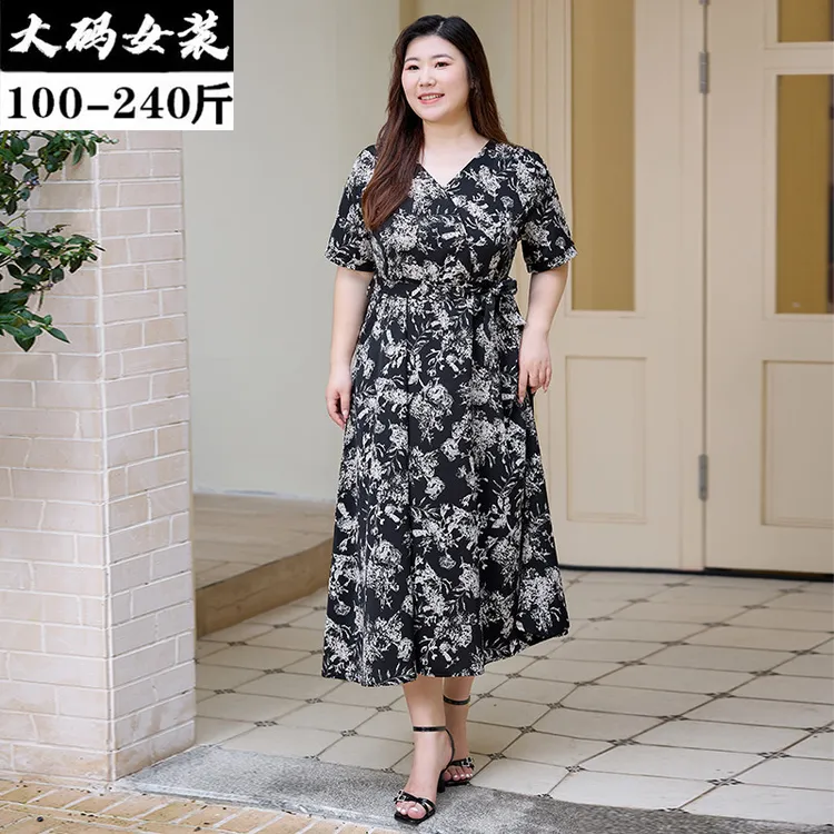 加大码女装胖mm连衣裙2025夏季系带收腰显瘦洋气妈妈装中长款裙子
