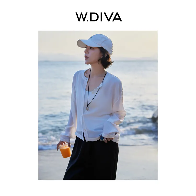 W.Diva【荧月】桑蚕丝白色舒适透气洋气横条波绉真丝衬衫52S262200