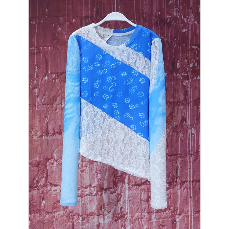 【韩哥女装】设计师高定欧货小众蓝白拼色蕾丝修身长袖衫7150A