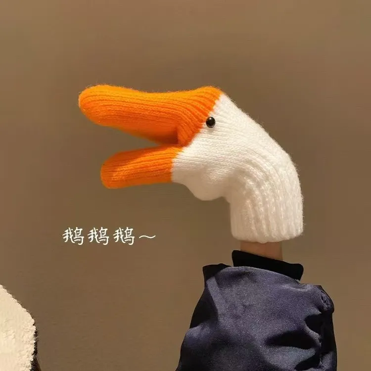 手工搞怪天鹅针织毛线手套女秋冬季可爱连指保暖加绒加厚防寒学生