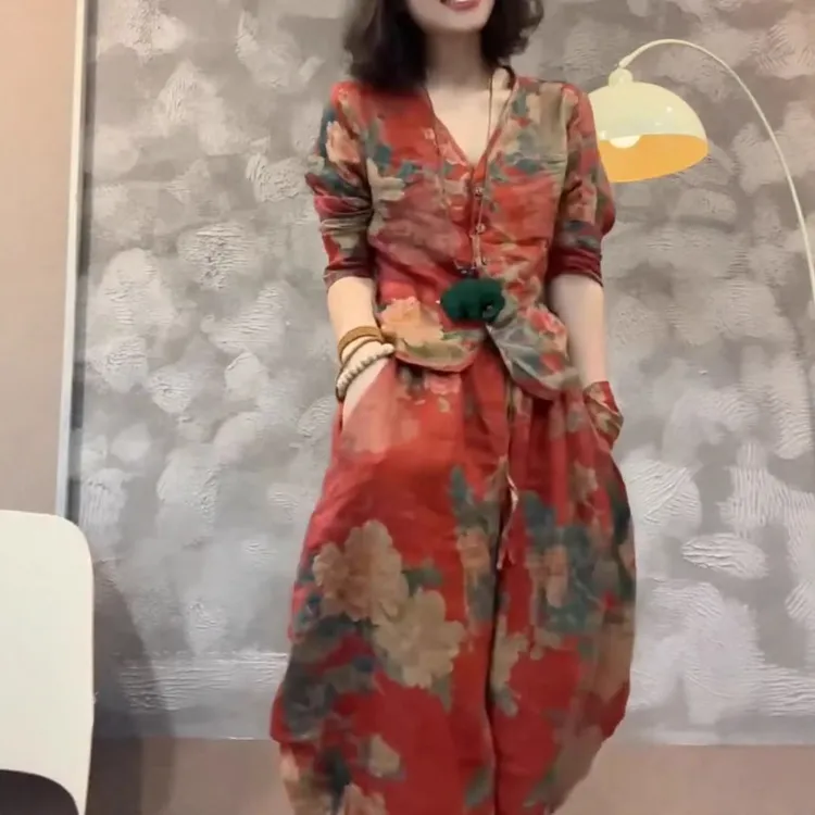 民族复古洋气印花春秋新款棉麻两件套休闲宽松时尚上衣哈伦裤套装