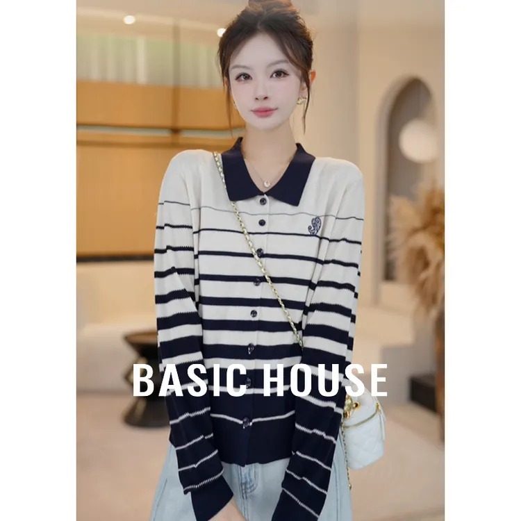 Basic House/百家好韩版设计感条纹针织衫女新款上衣B1195B59A72
